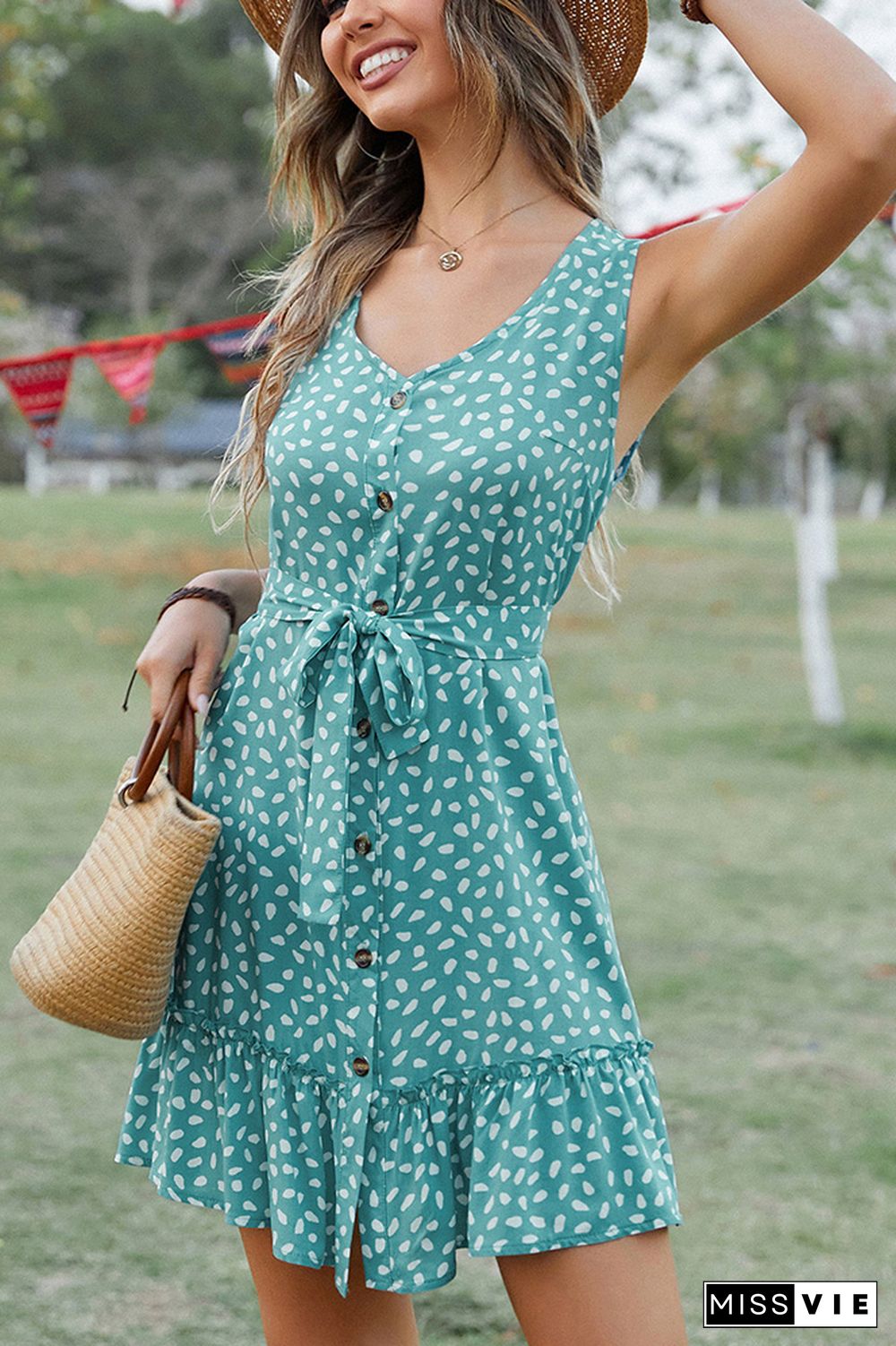 V Neck Buttoned Printed Sleeveless Dress With Sash