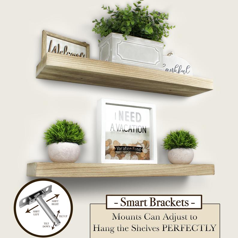 Floating Shelves Wood Natural Set of 2 - Real Wood Mounted Wall Shelf - 24in x 5.5in x 1.5in Hanging Shelf - Paulownia W/ Natural Finish - Level Tool and Plants Included