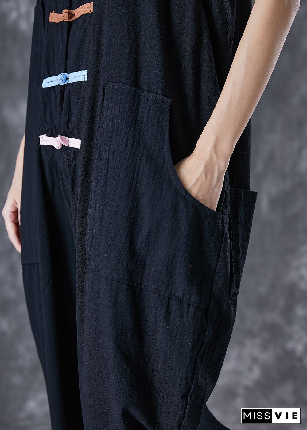 Classy Black Chinese Button Pockets Linen Jumpsuits Sleeveless