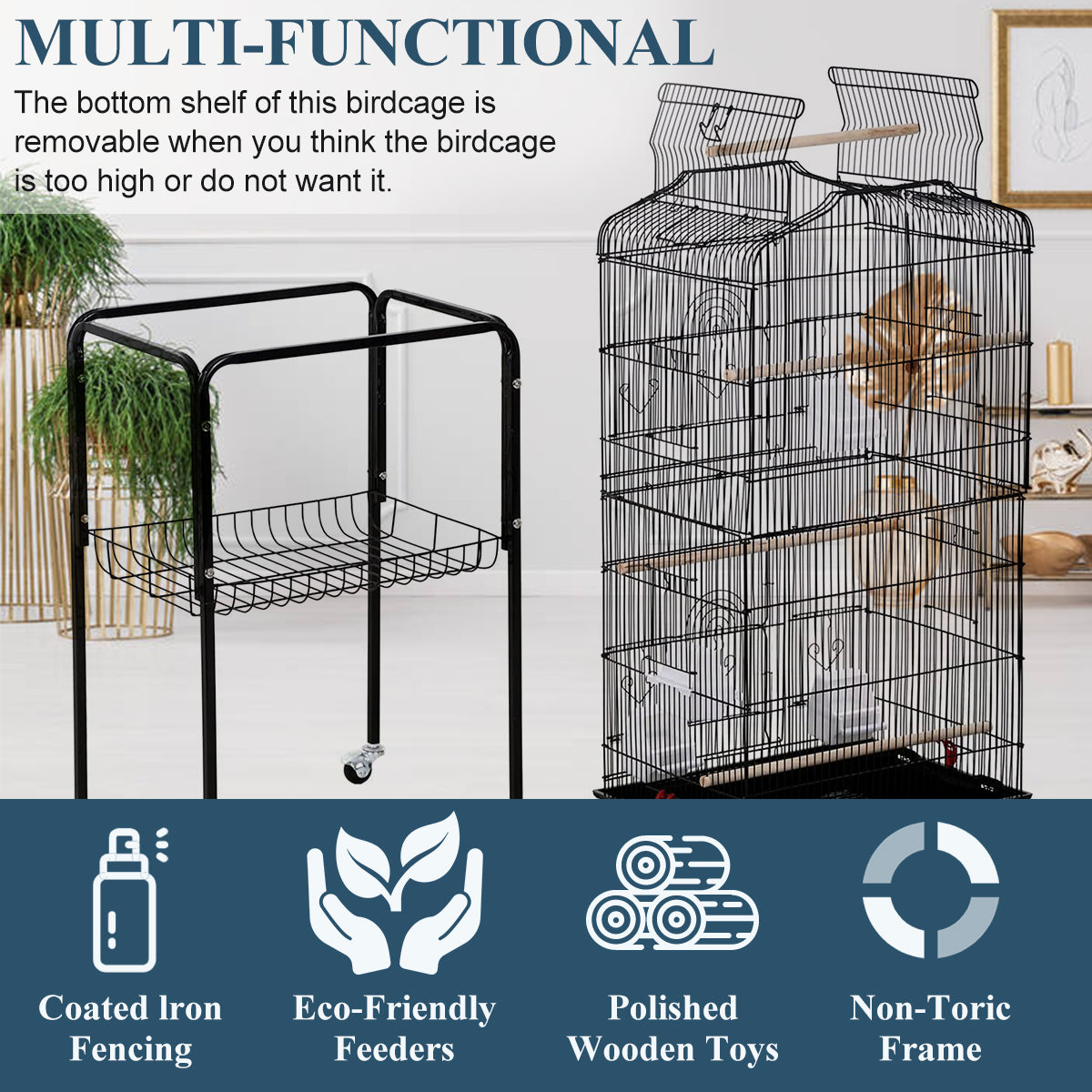 Dkeli Bird Cage with Stand Parrot Cages for Large Birds Parakeet Cage with Play Top and Rolling Stand for Medium Canaries， Lovebirds， Cockatiels， Parrots