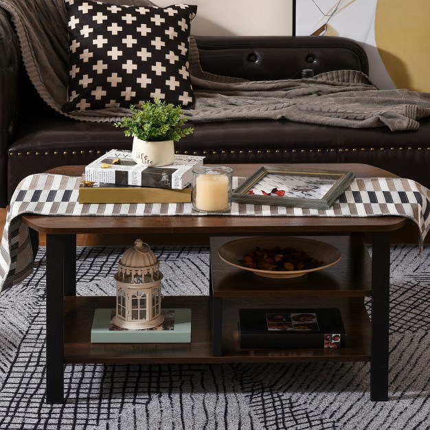 Homcom Vintage Industrial Coffee Table With Under top Storage Shelves And Rounded Corners Dark Wood Color