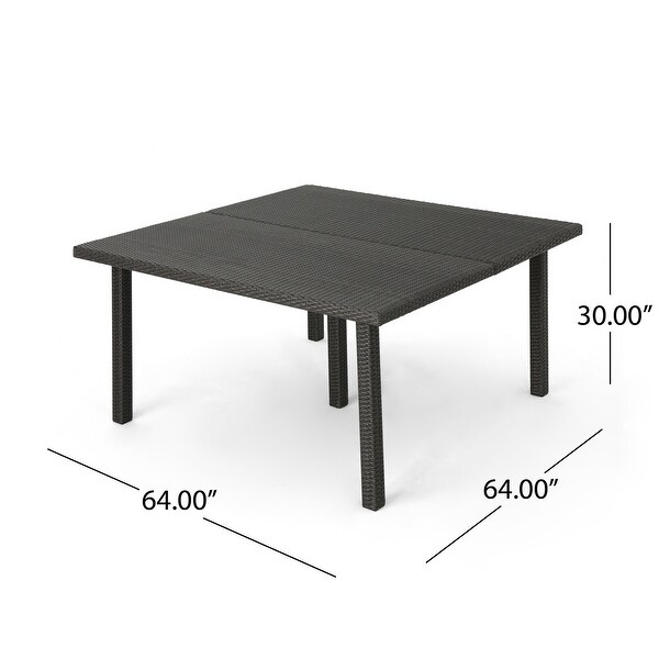 Outdoor 64 Inch Square Dining Table with Wicker Pulled Over an Iron Frame