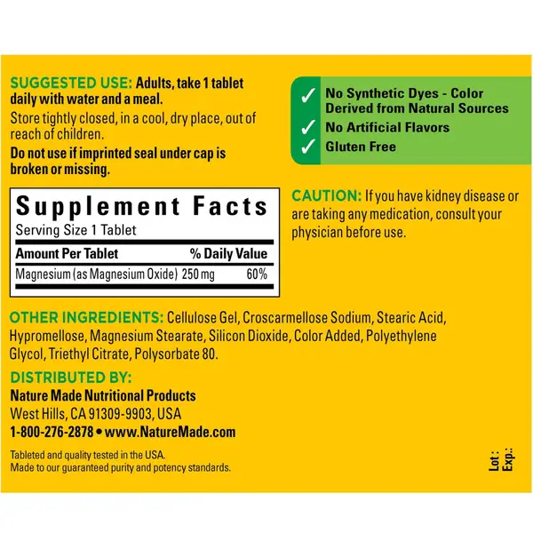 Nature Made 200 Count Magnesium 250mcg Tablets