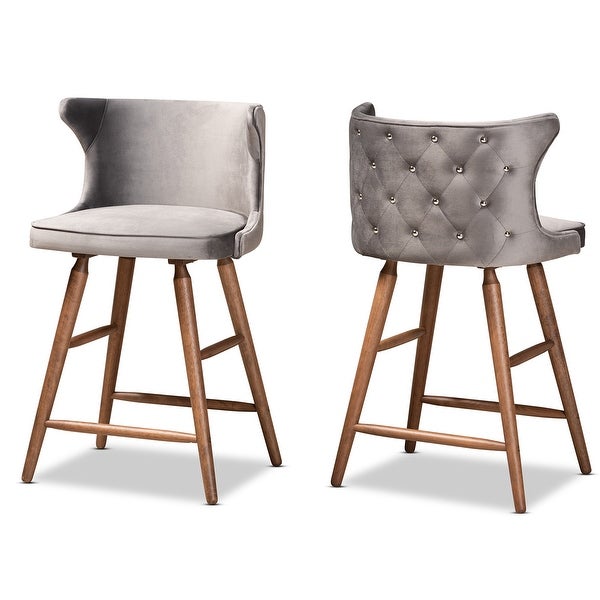 Sagira Modern Velvet Fabric and Walnut Finished 2-PC Counter Stool Set