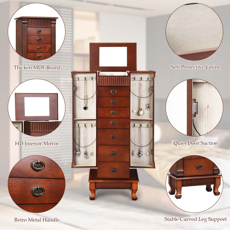 Large Capacity Standing Jewelry Armoire Cabinet Storage Chest with 7 Drawers, 2 Swing Doors & Makeup Mirror