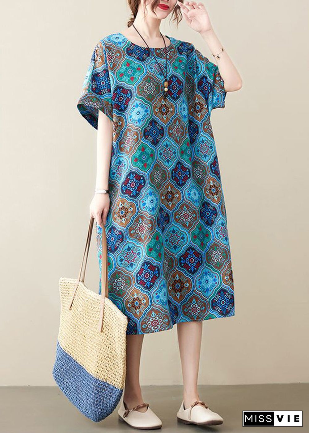 Women Blue O-Neck Print Pockets Linen Dress Short Sleeve