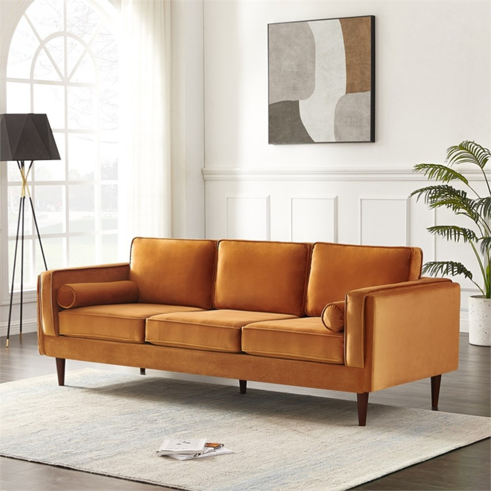 Hudson Living Room Mid Century Modern Pillow Back Velvet Sofa in Orange   Midcentury   Sofas   by Homesquare  Houzz