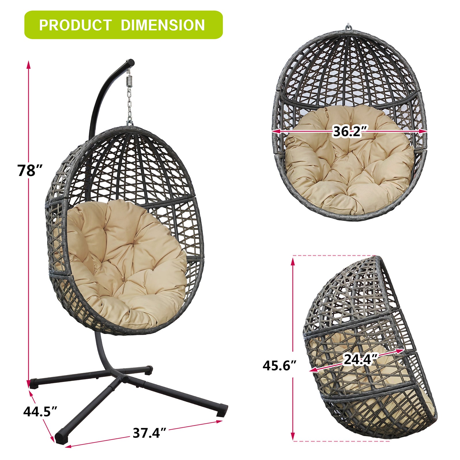 Arttoreal Wicker Basket Swing Chair, Hanging Egg Chairs with Durable Stand and Waterproof Cushion for Outdoor Patio, Khaki