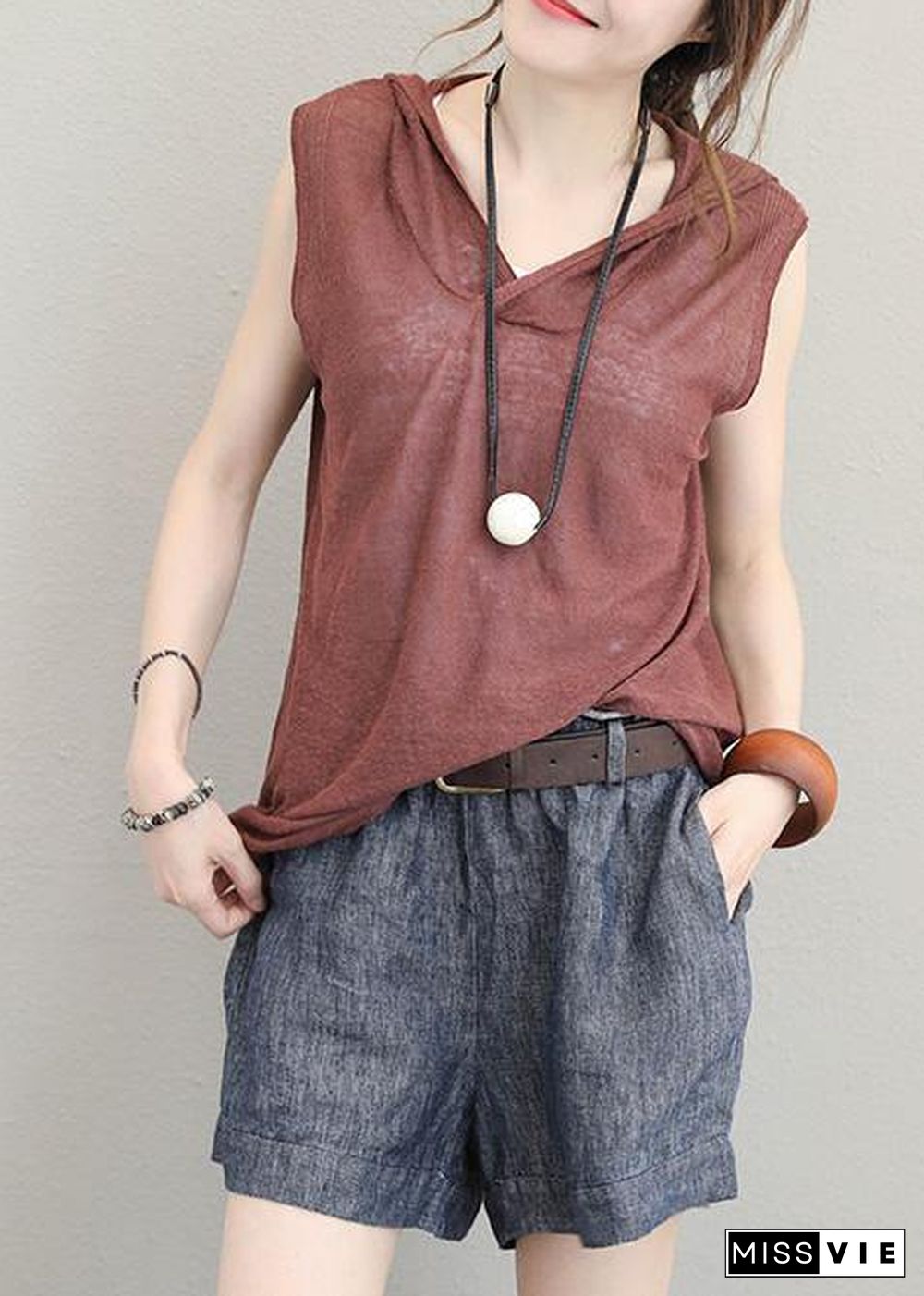 Organic brown cotton clothes For Women sleeveless short hooded blouse