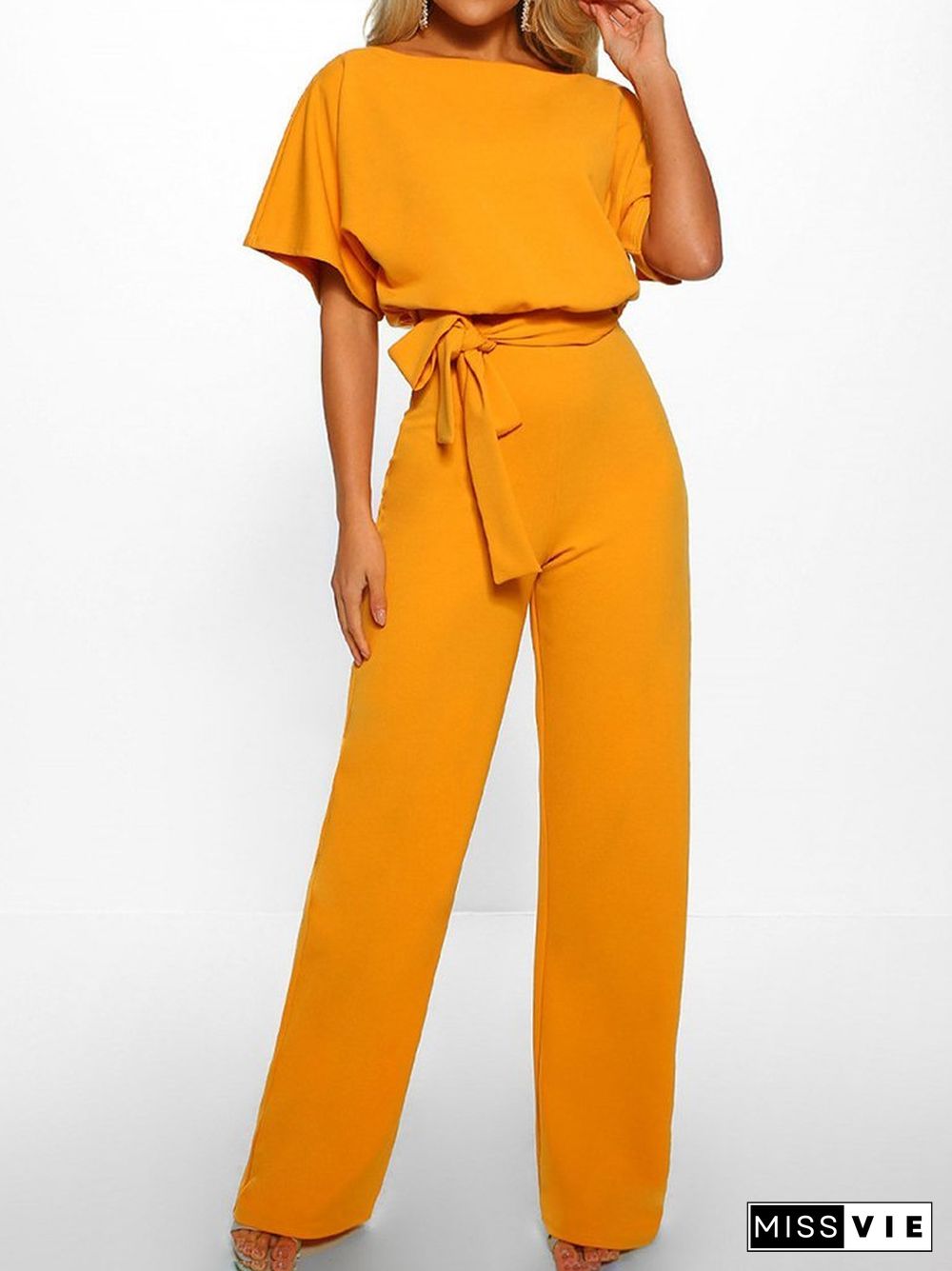 Solid Lace-up Short-sleeved Women's Jumpsuit