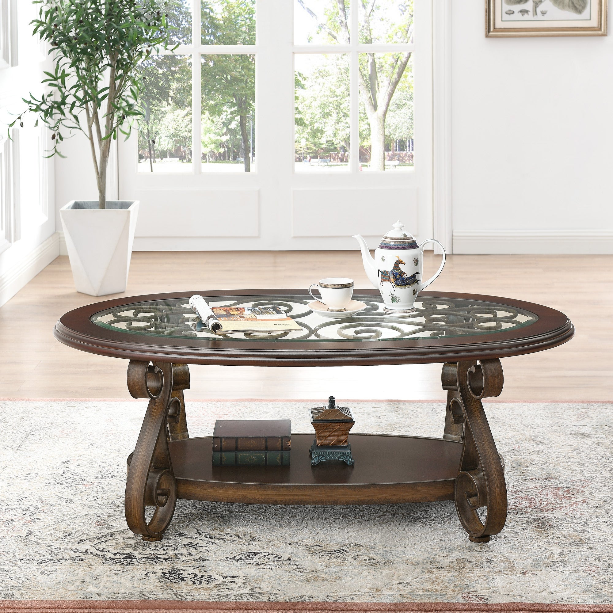 Nestfair Dark Brown Coffee Table with Glass Table Top and Powder Coat