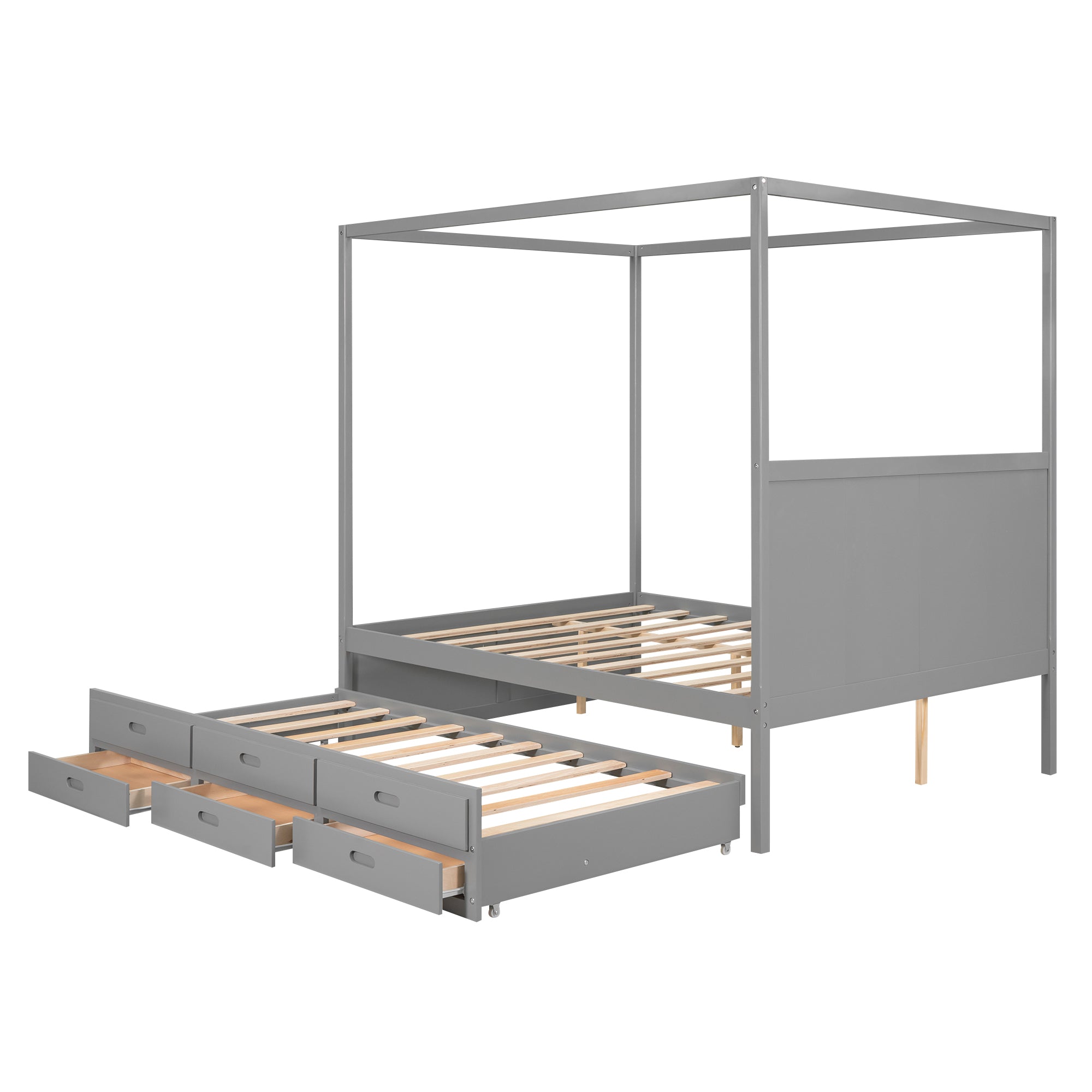 EUROCO Queen Size Canopy Platform Bed with Trundle and Drawers, Gray