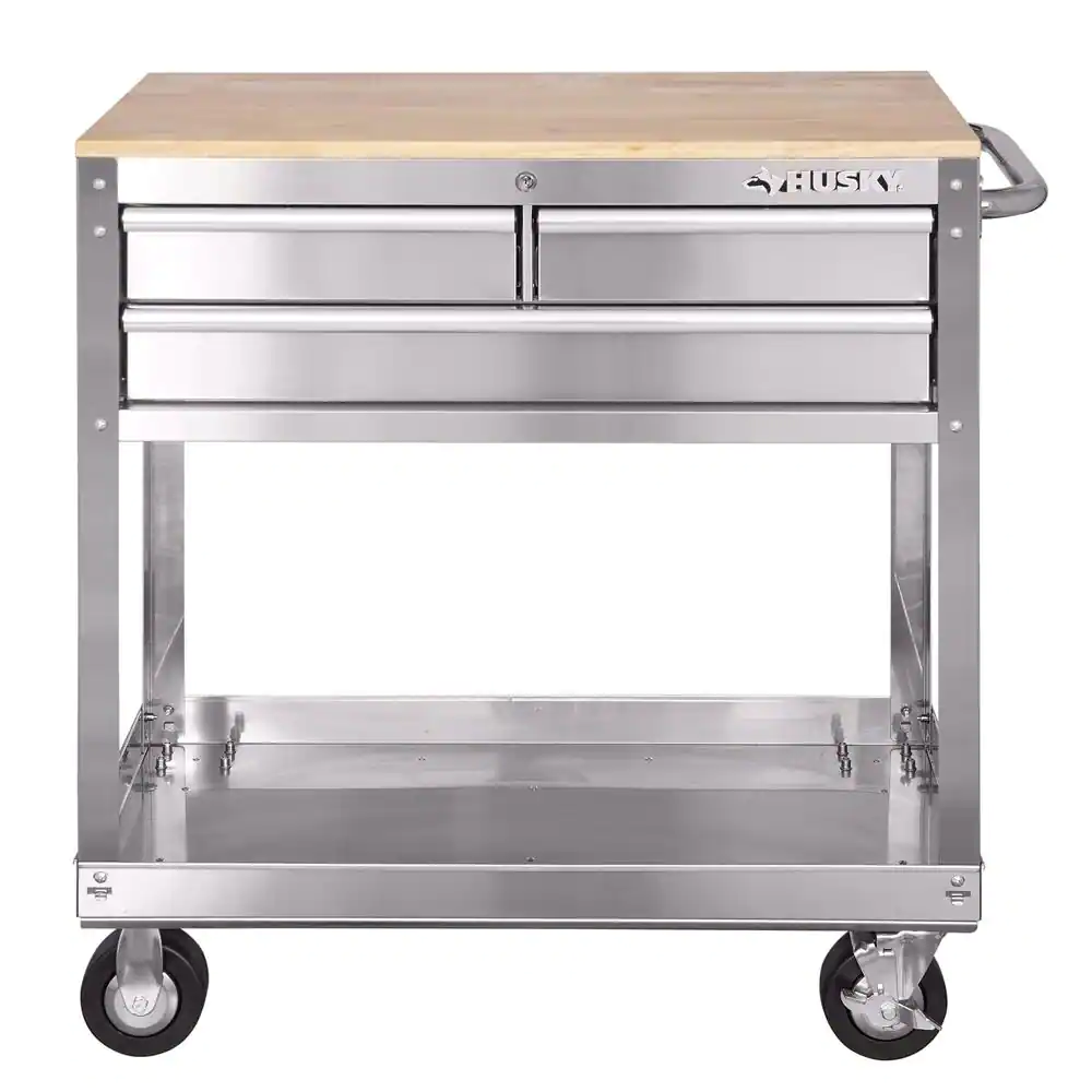 Husky HOUC3603BJX1 36 in. 3-Drawer with Solid Wood Top， Stainless Steel Utility Cart