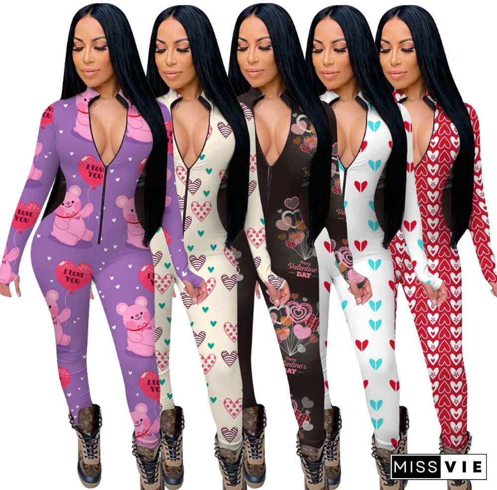 Valentine's Day Element Print Long Sleeve Front Zipper Jumpsuit