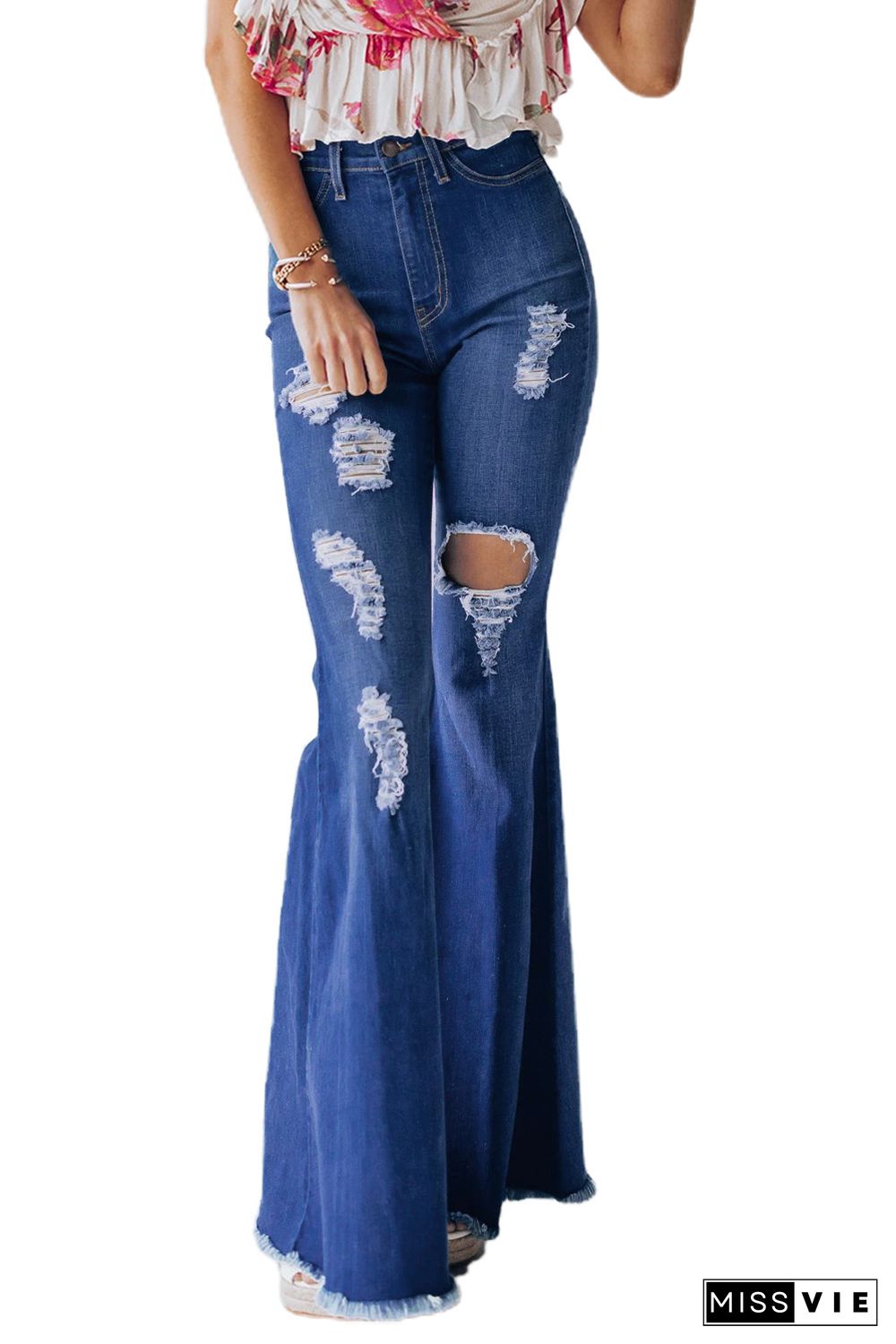 High Waist Hole Ripped Bell Jeans