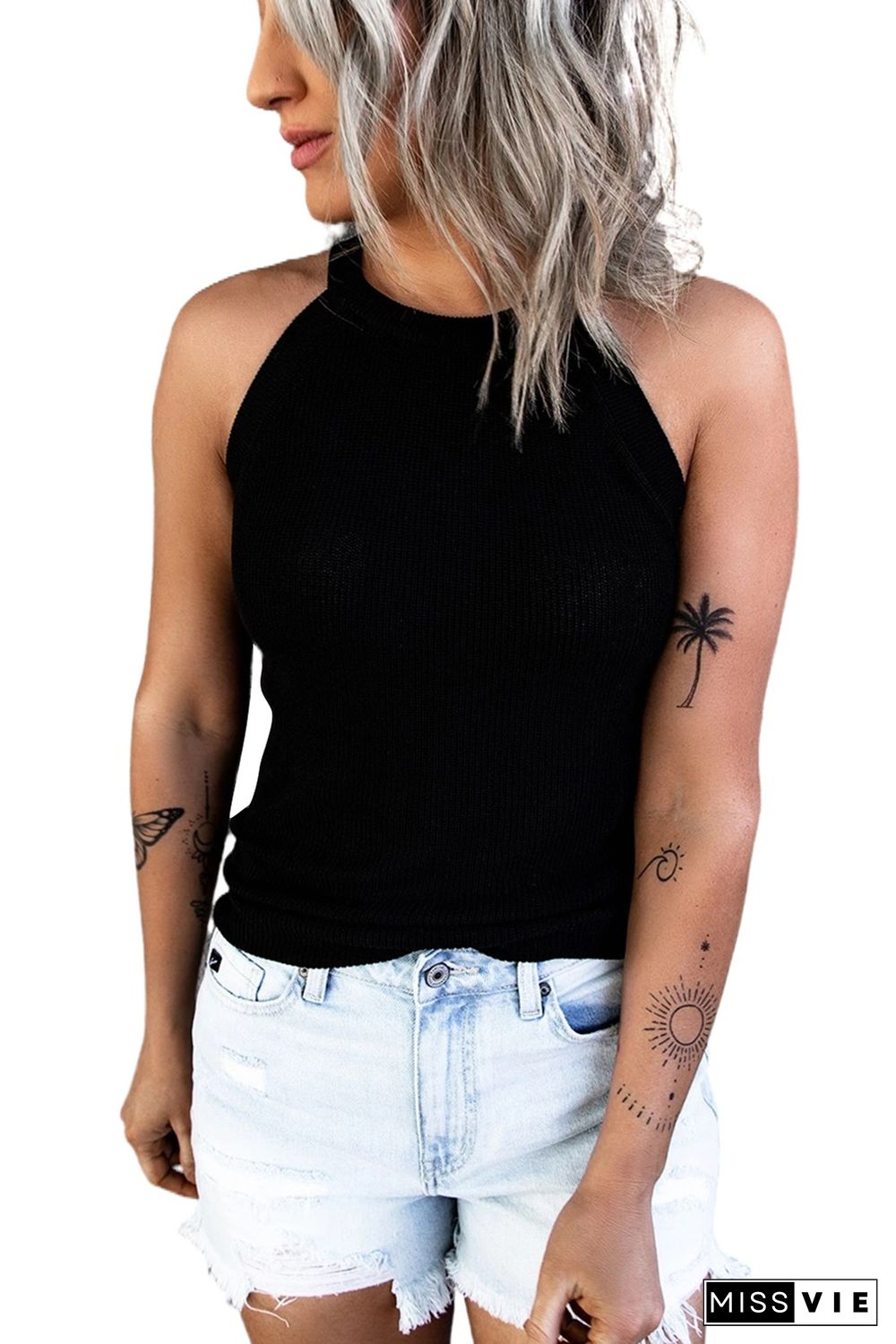 Black Solid Color Crew Neck Tank Top