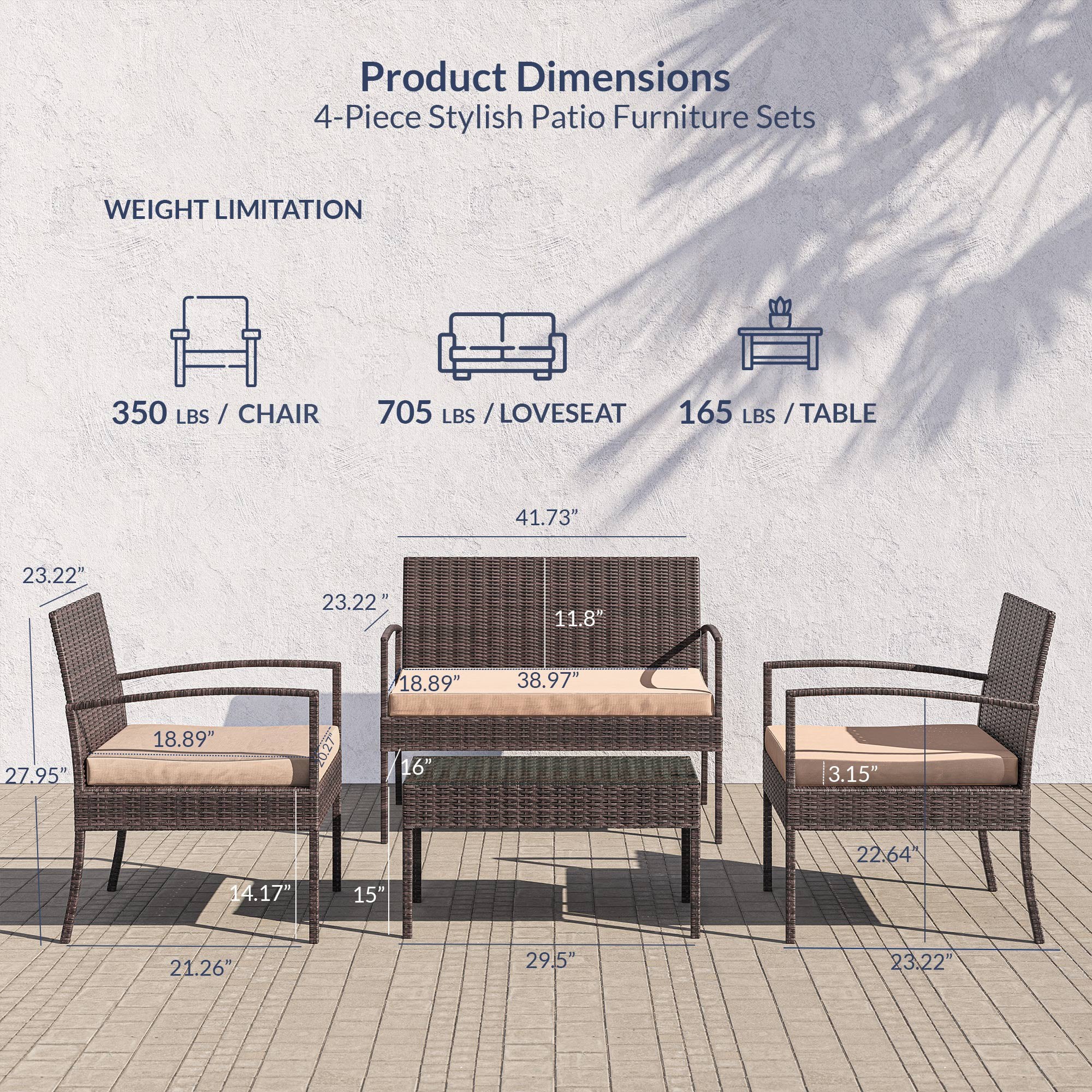 BELLEZE 4 Piece Patio Outdoor Rattan Patio Set 4 PC Furniture Outdoor Set Two Chairs One Glass Table One Sofa, 2 persons