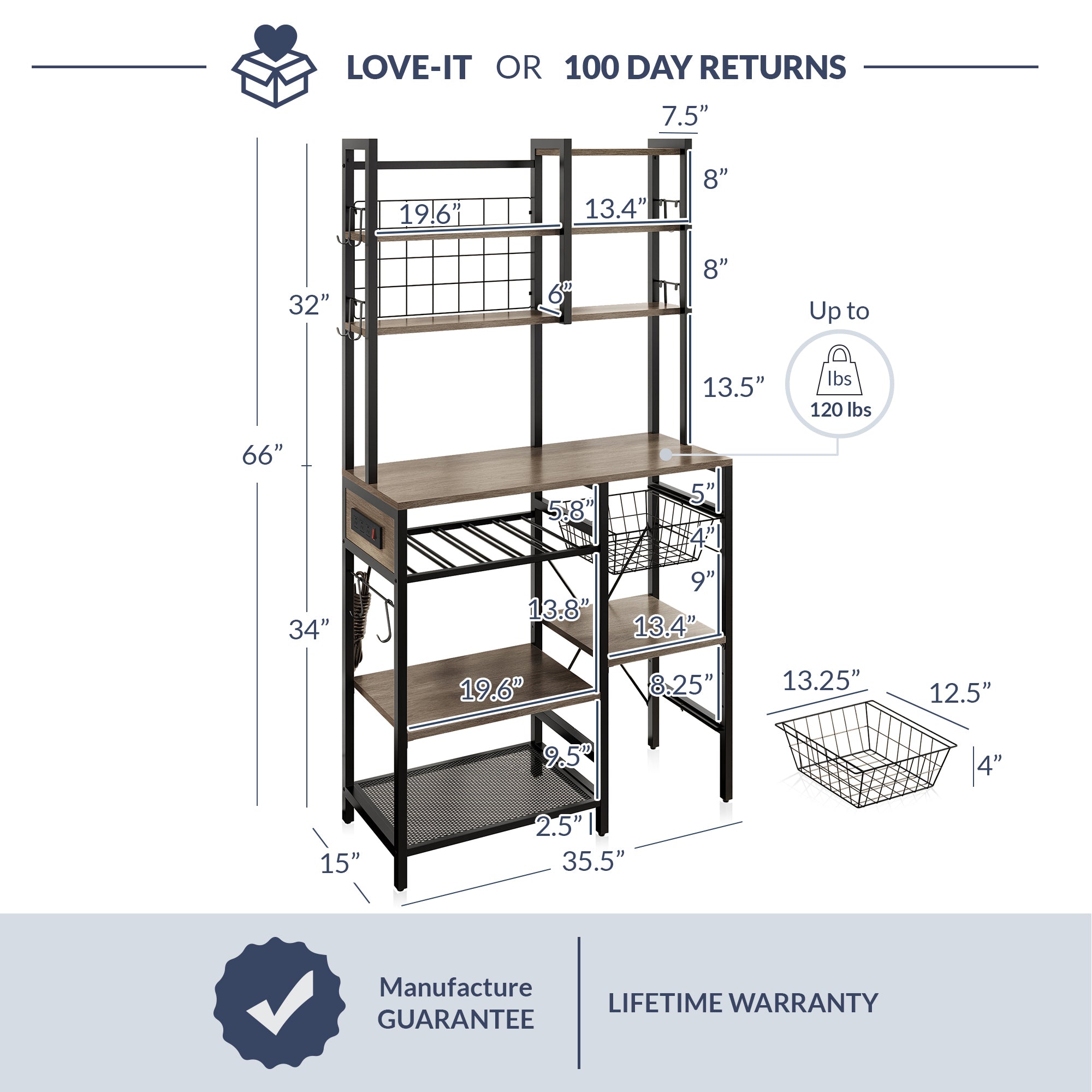 BELLEZE Bakers Rack with Power Strip， Storage Shelves， Standing Kitchen Organizer with Hutch， Hooks， Trays， Industrial Microwave Stand and Coffee Bar - Discover (Gray)