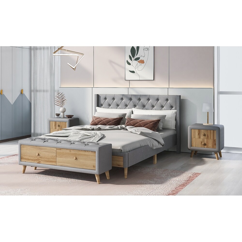 Queen Size Upholstered Platform Bed with Two Nightstands and Bench