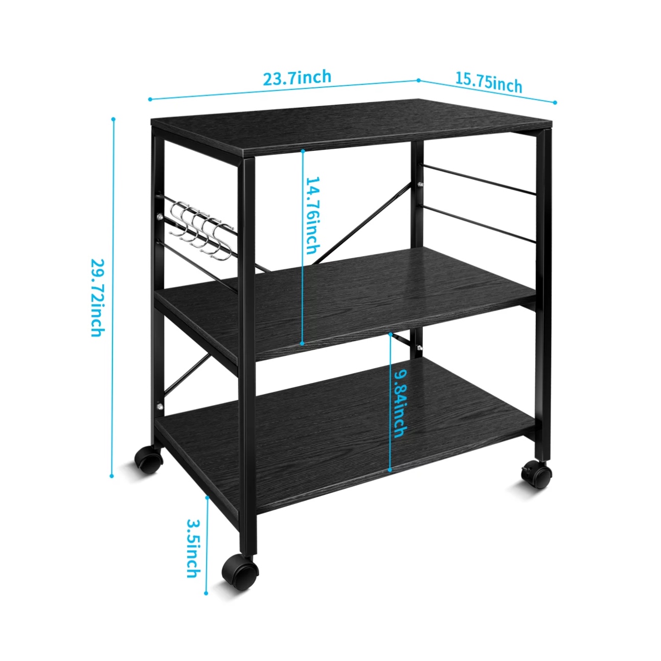 Cheflaud Kitchen Microwave Cart， 3-Tier Kitchen Utility Cart Vintage Rolling Bakers Rack with 5 Hooks， Black