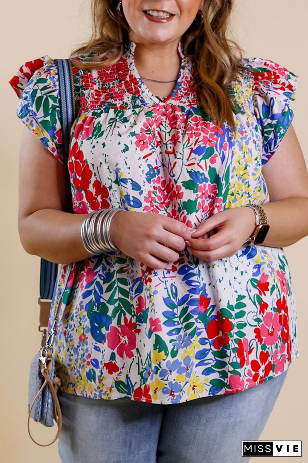 Red Plus Floral Print Ruffle Cap Sleeve V Neck Blouse