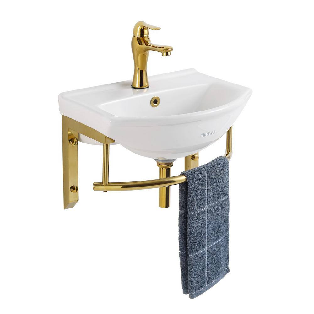 RENOVATORS SUPPLY MANUFACTURING Ridge White Ceramic Small Wall Mounted Bathroom Sink with Brass Faucet Drain Towel Bar and Overflow 33337