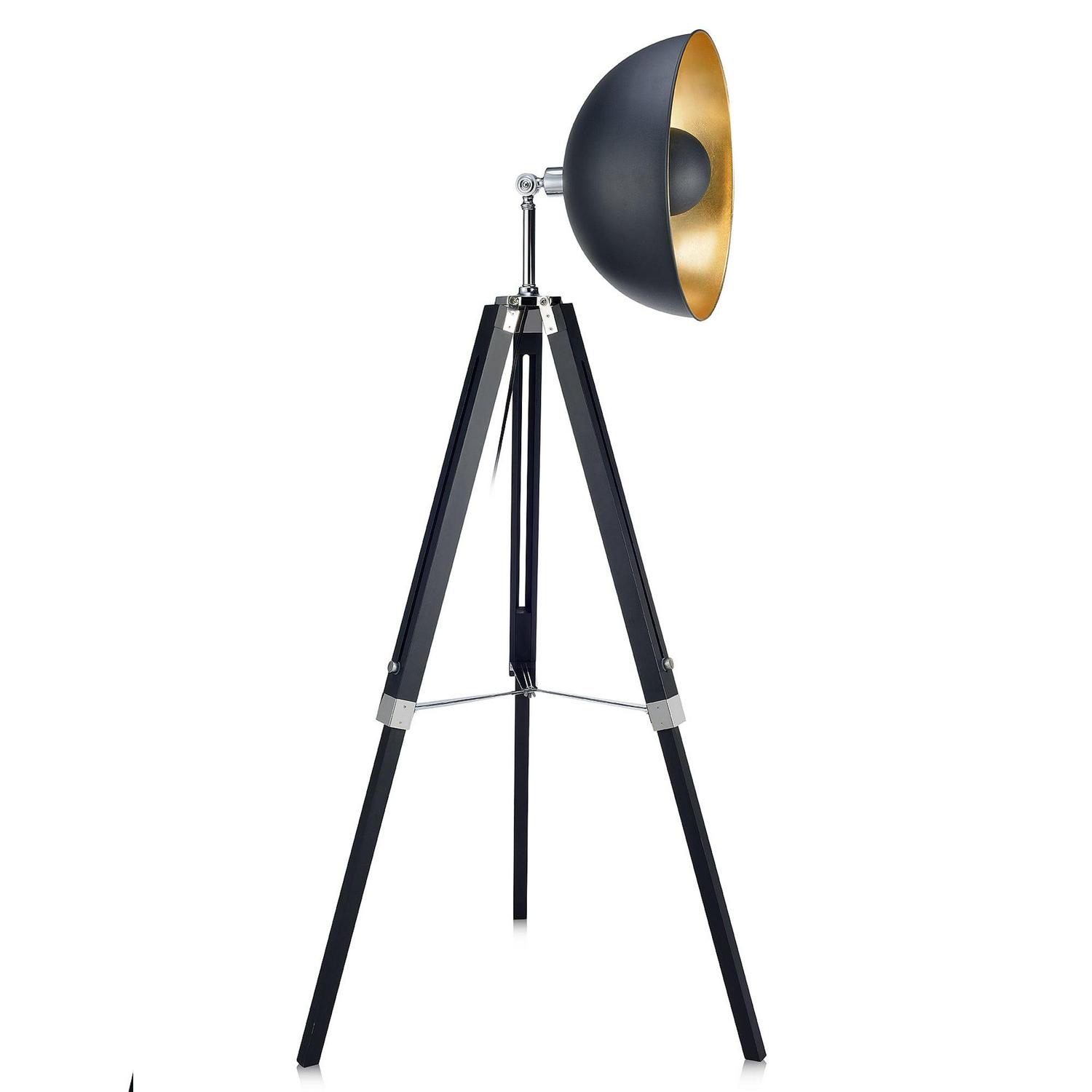 Teamson Home Fascino 63 Industrial Metal Tripod Floor Lamp with Dish Shade， Black/Gold