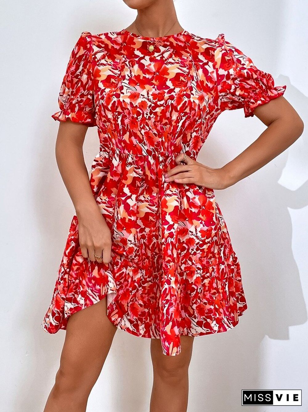 Elegant Floral Print Dresses Women Summer Dresses New Casual O-neck Short Puff Sleeves High Waist Mini A-line Dress