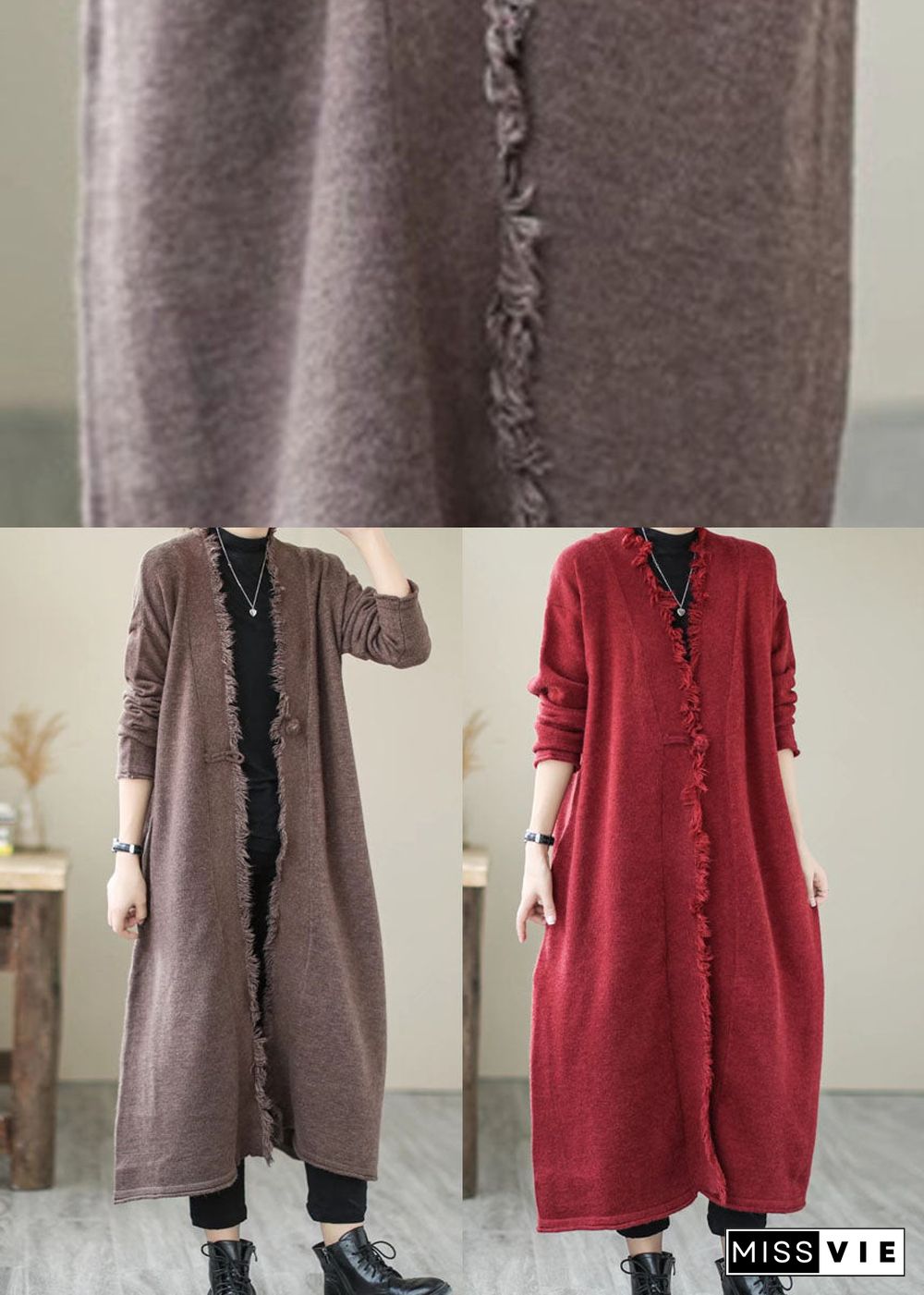 Unique Mulberry Tasseled Pockets Knit Spring Coat