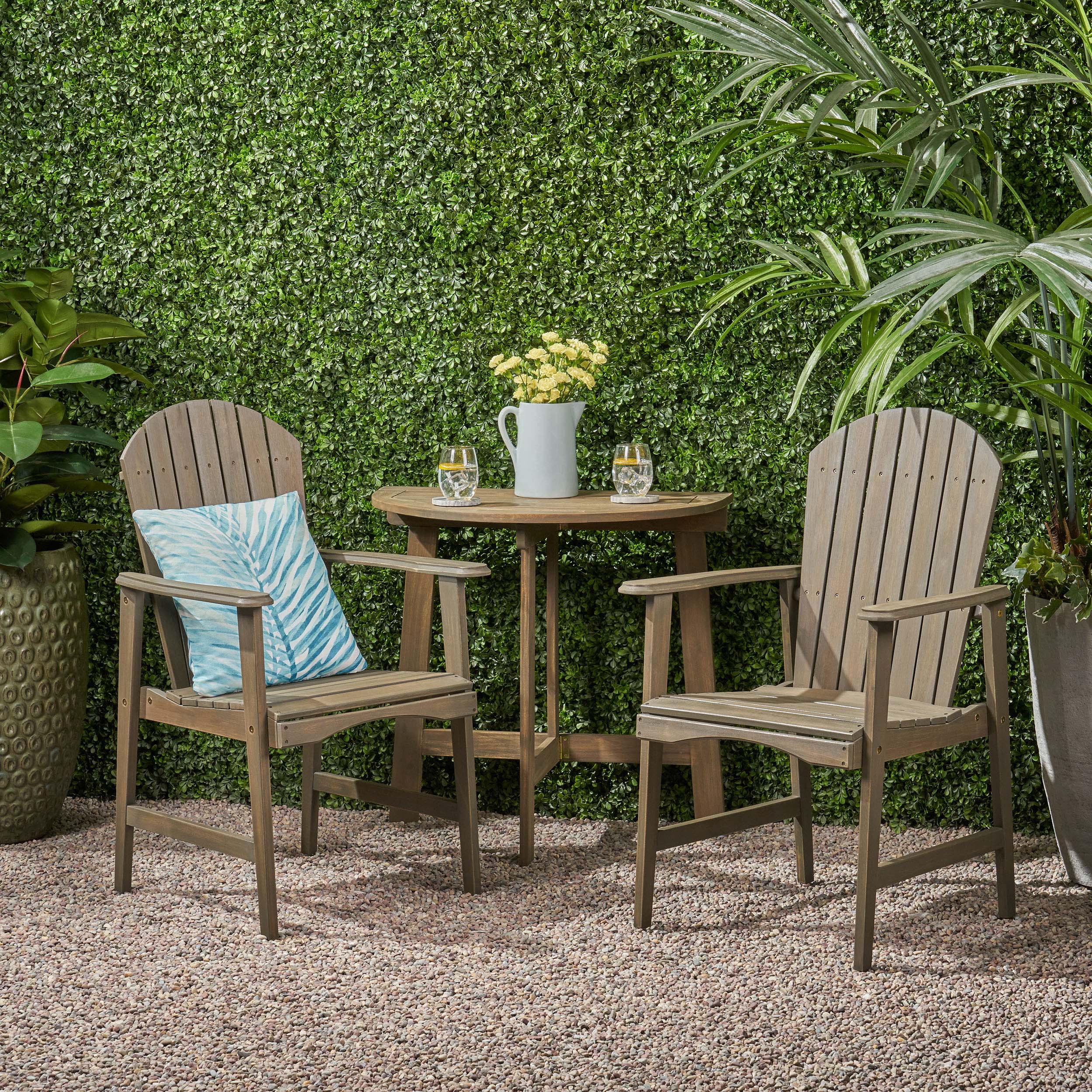 George Outdoor 2 Seater Half-Round Acacia Wood Bistro Table Set with Adirondack Chairs