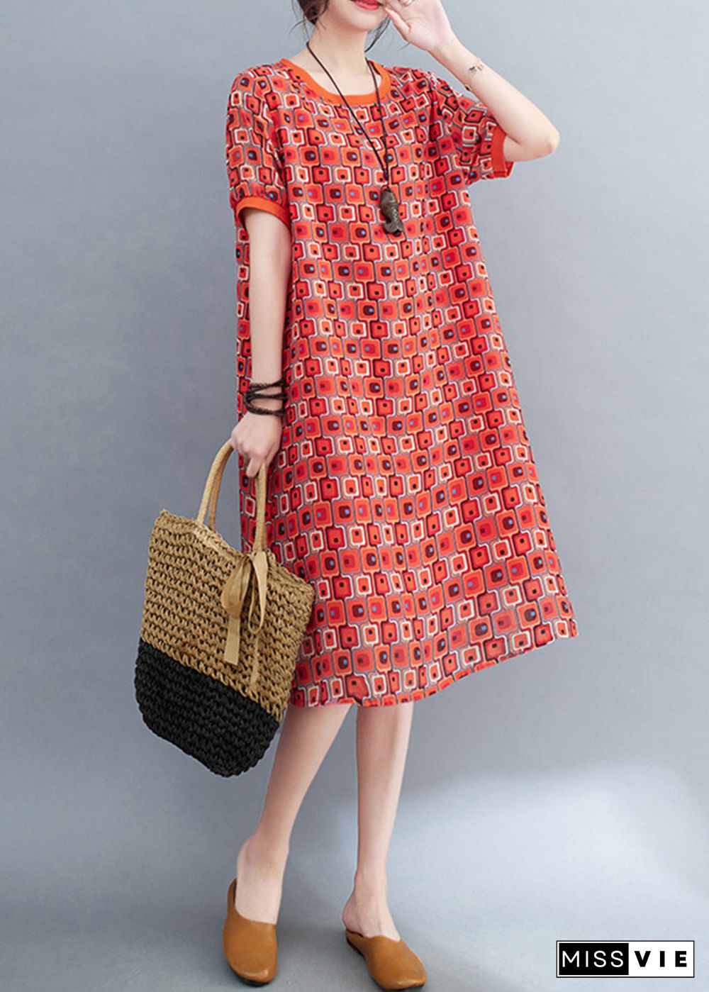 Red Print Chiffon Long Dress O-Neck Oversized Summer