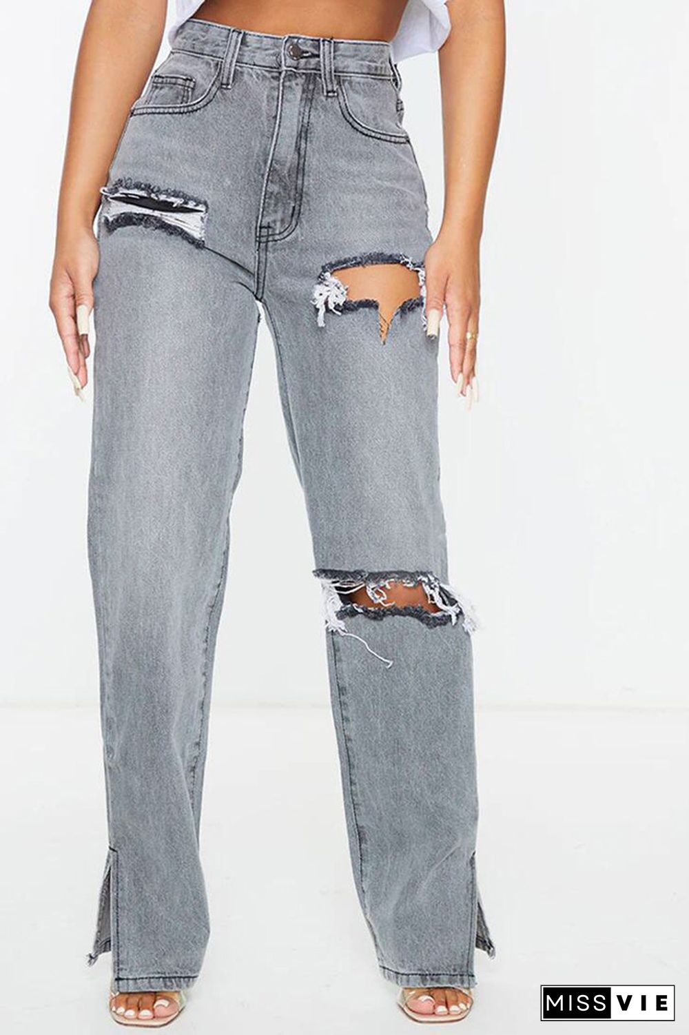 Washed Rip Split Jeans Pants