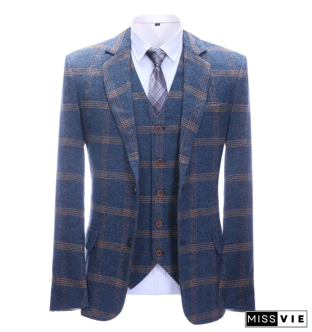 Men's Business 3 Pieces Formal Royal Blue Plaid Tweed Notch Lapel Suit (Blazer+vest+Pants)