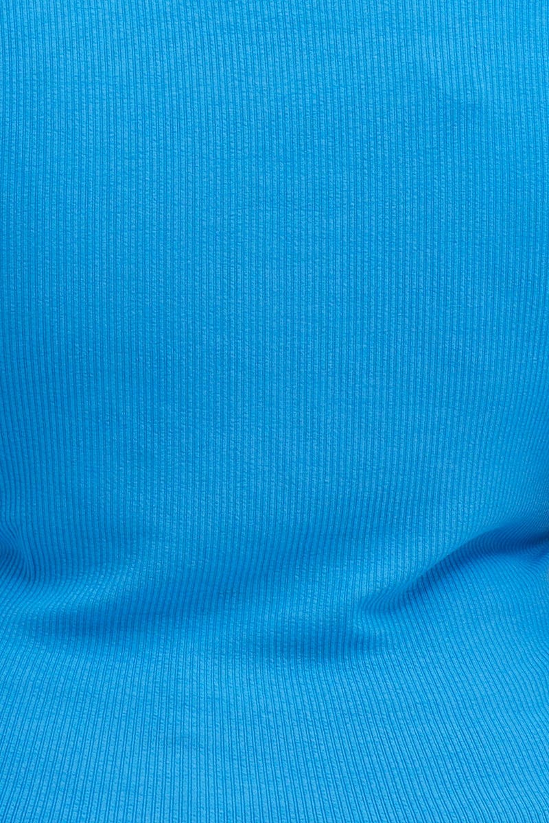 Blue T-shirt Crew Neck Long Sleeve Rib Semi Crop