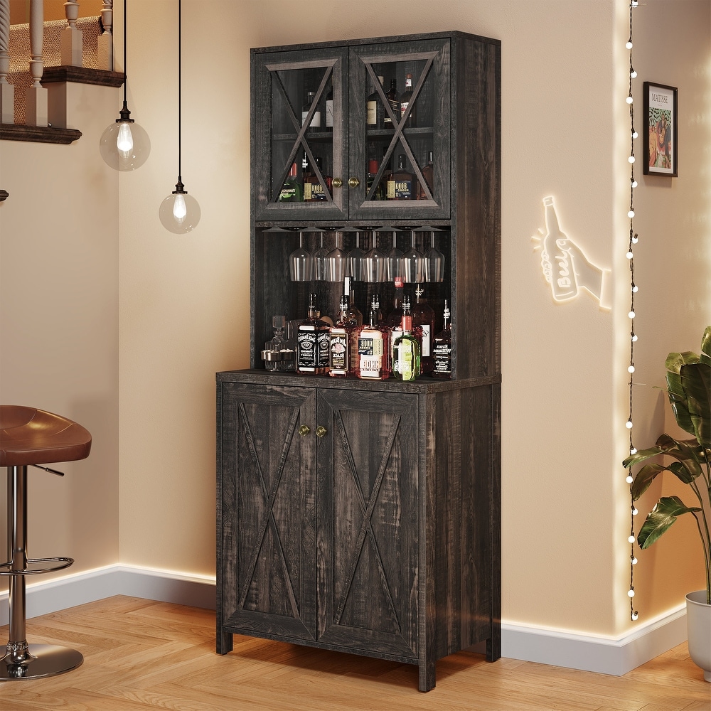 Farmhouse Bar Cabinet for Liquor and Glasses for Dining Room Kitchen Cabinet with Wine Rack