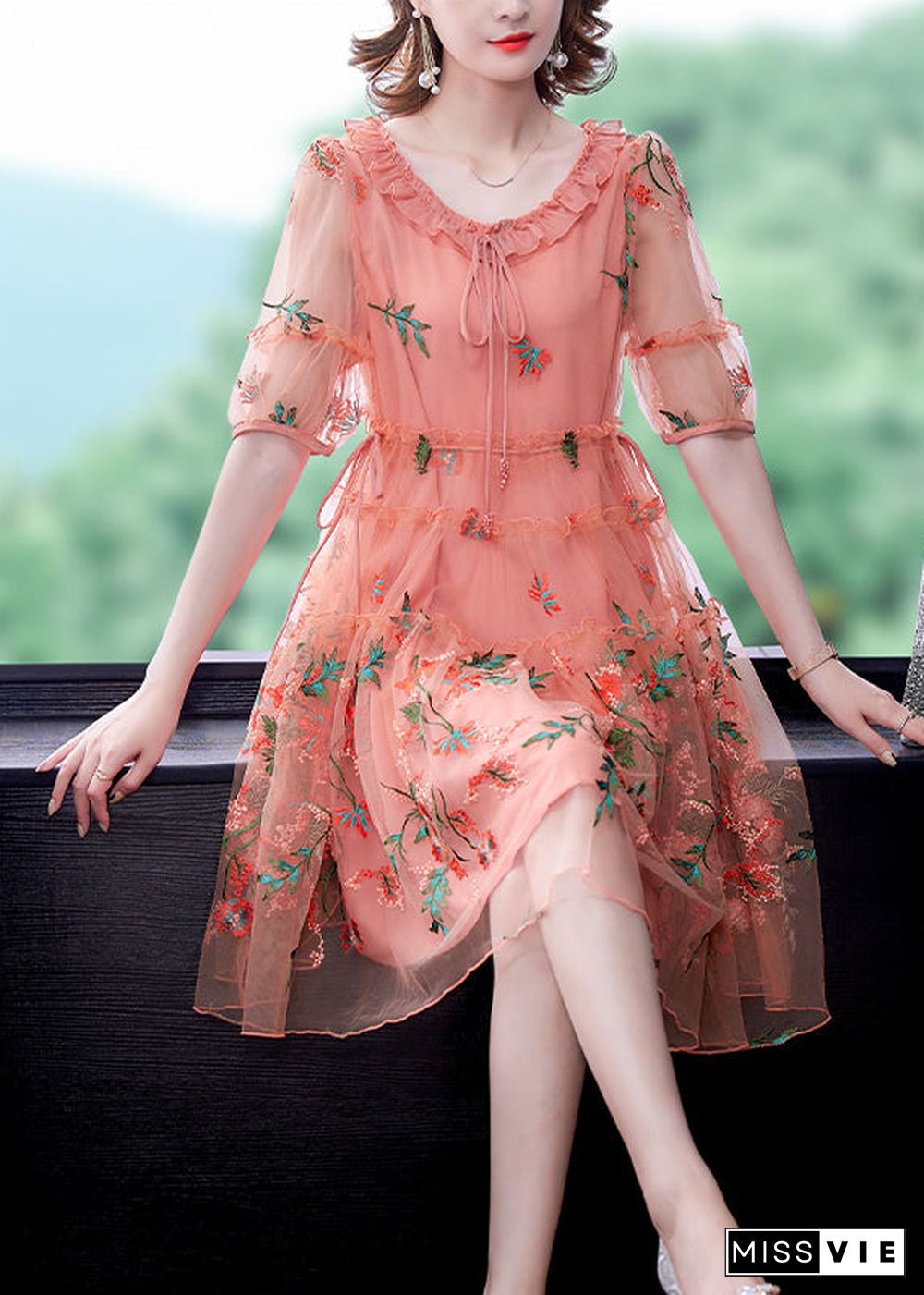 Pink Hollow Out Chiffon Holiday Dress Lace Up Embroideried Summer