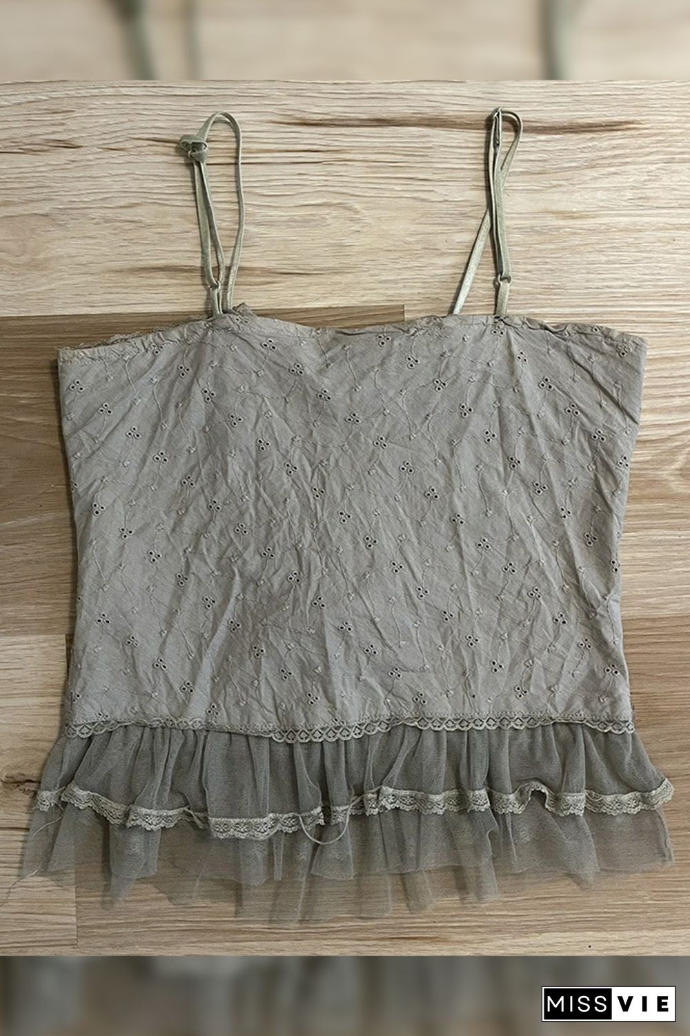 Eyelet Lace Cross Ribbon Mesh Hem Retro Cami Tank Top