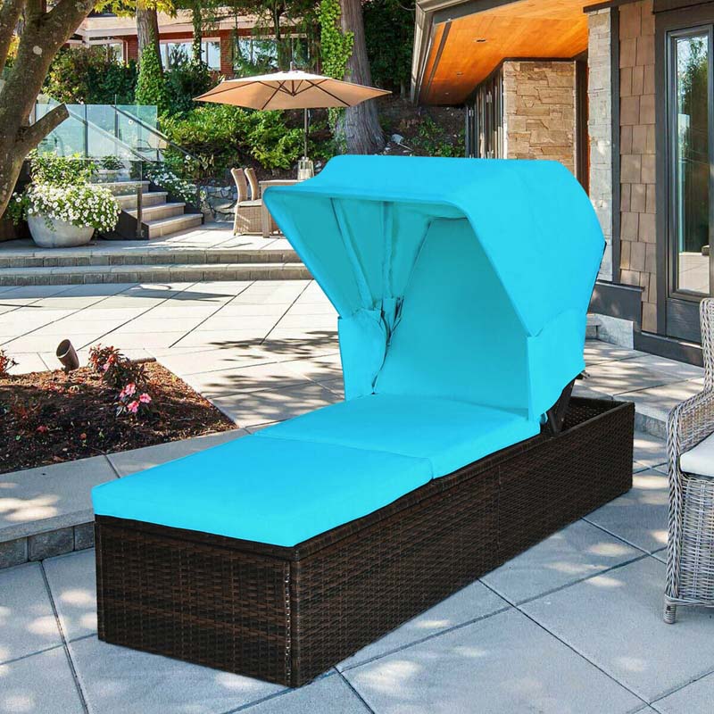 Cushioned Rattan Outdoor Chaise Lounge Chair Sun Lounger 5-Position with Folding Canopy & Flip-up Tea Table