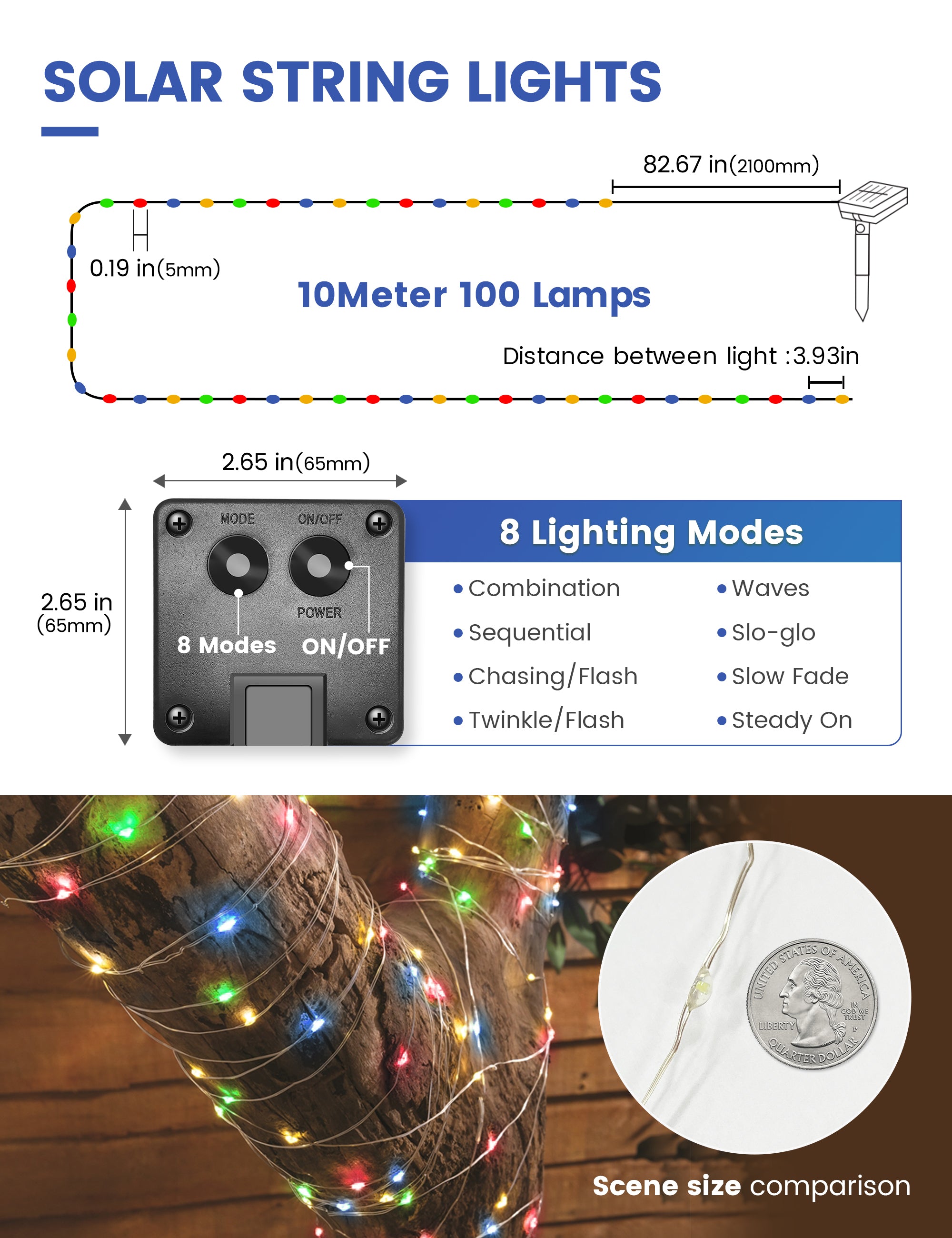 YANSUN Solar String Lights Oudoor Waterproof， 100 LED Christmas Fairy Lights with 8 Lighting Modes for Garden Patio Home Yard Tree Party(Warm White)