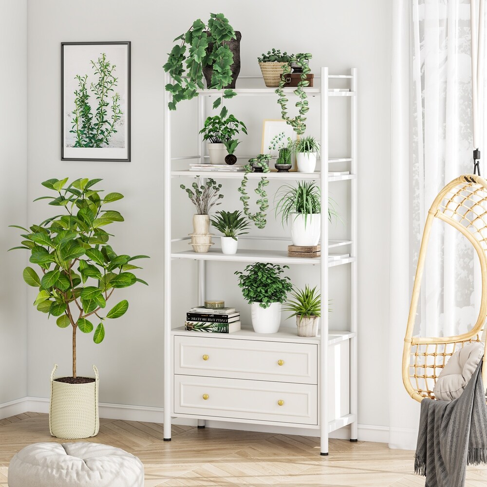 4 Tier White Bookshelf with 2 Drawers  Tall Bookcase with 4 Open Shelf for Small Place