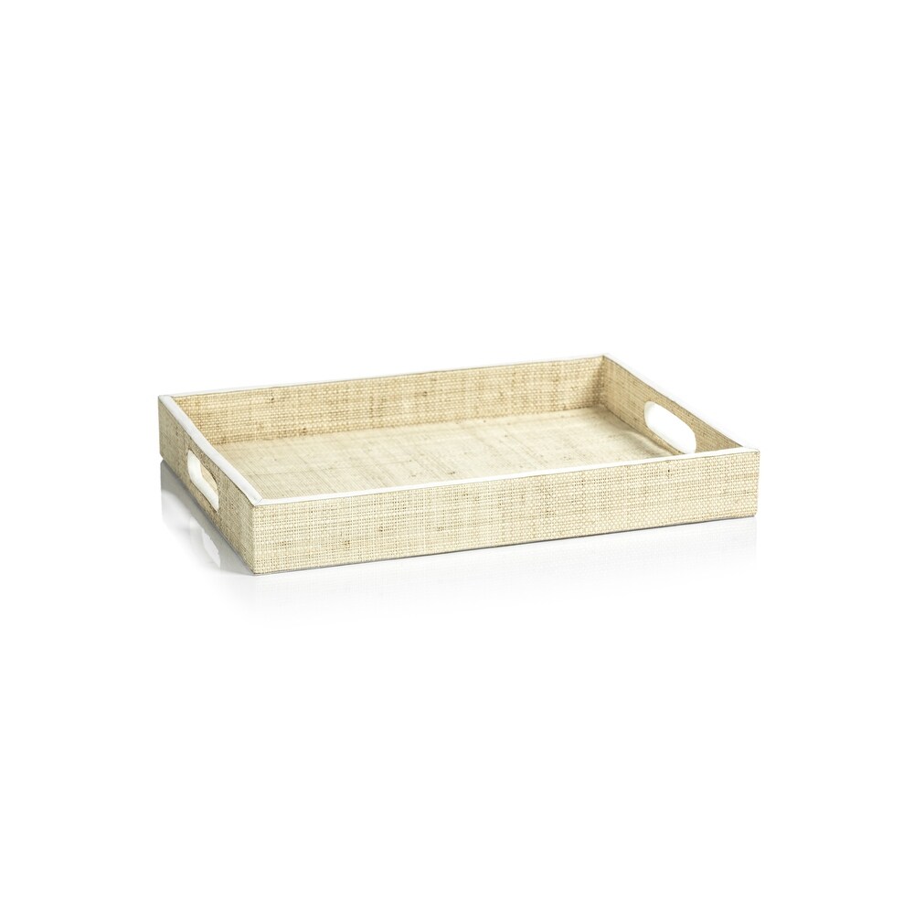 Reggio Natural Fiber Raffia Tray with Leather Trim