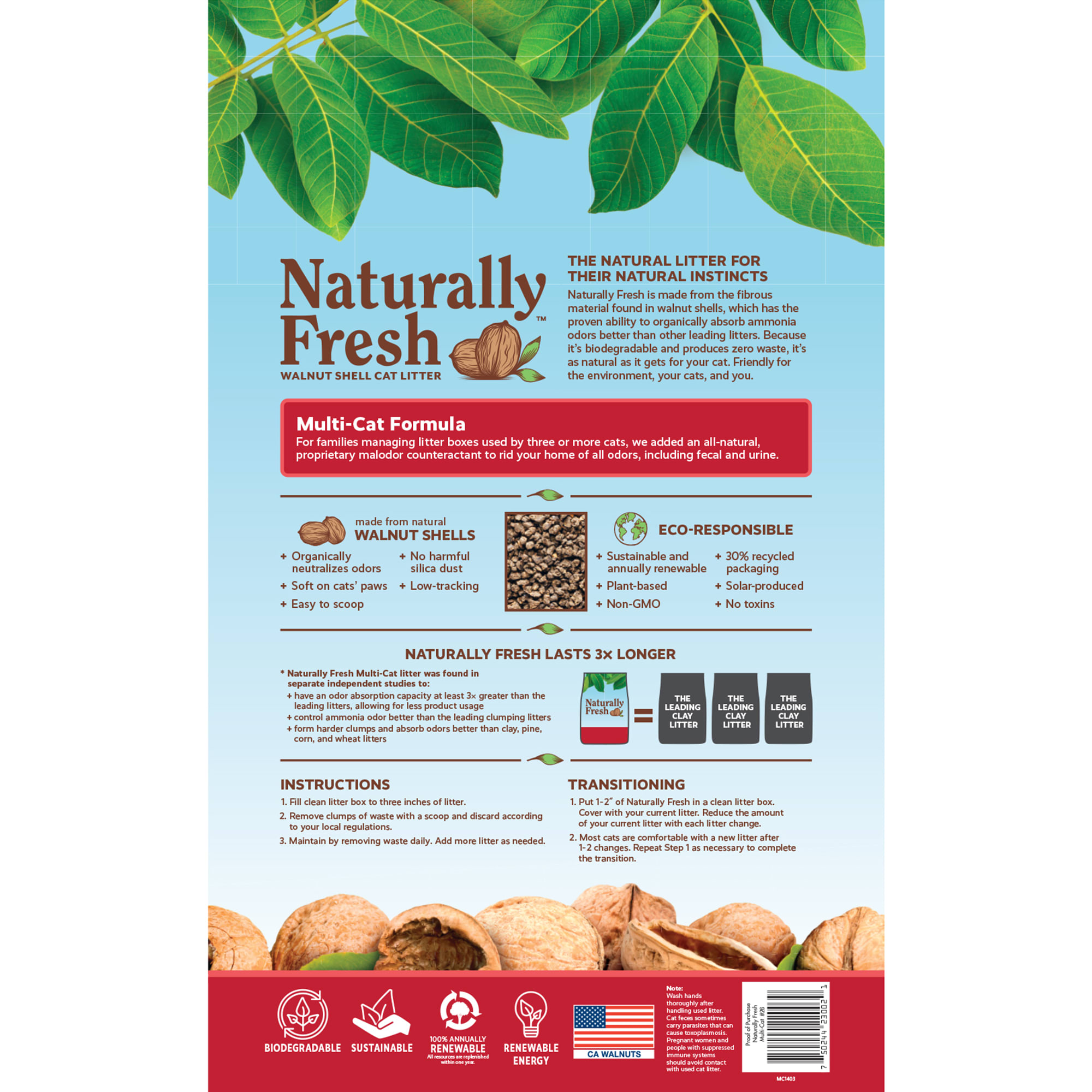 NATURALLY FRESH Quick-Clumping Natural Multi-Cat Walnut Cat Litter， 26 lbs.