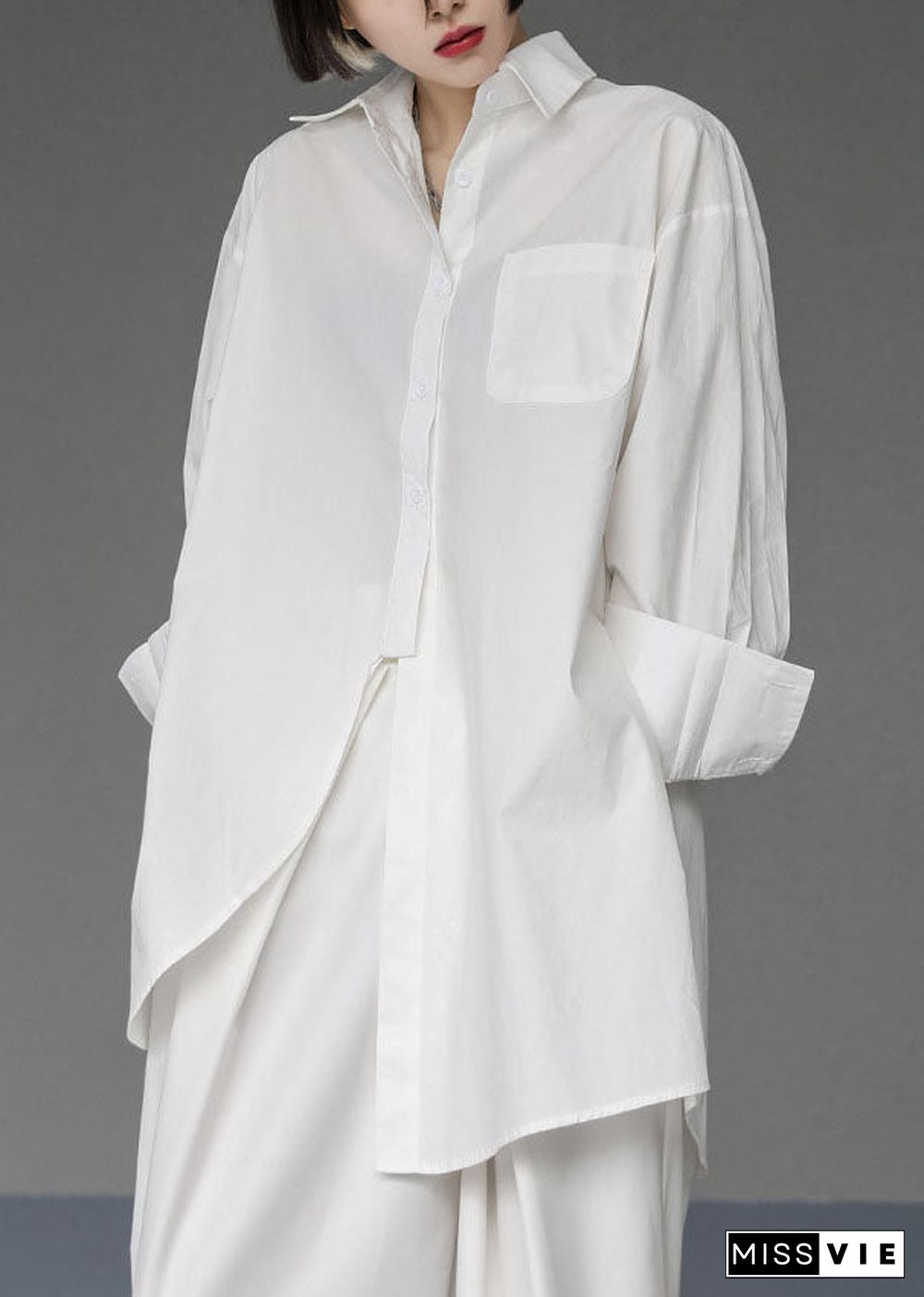 Unique White Asymmetrical Design Side Open Cotton Long Shirts Spring