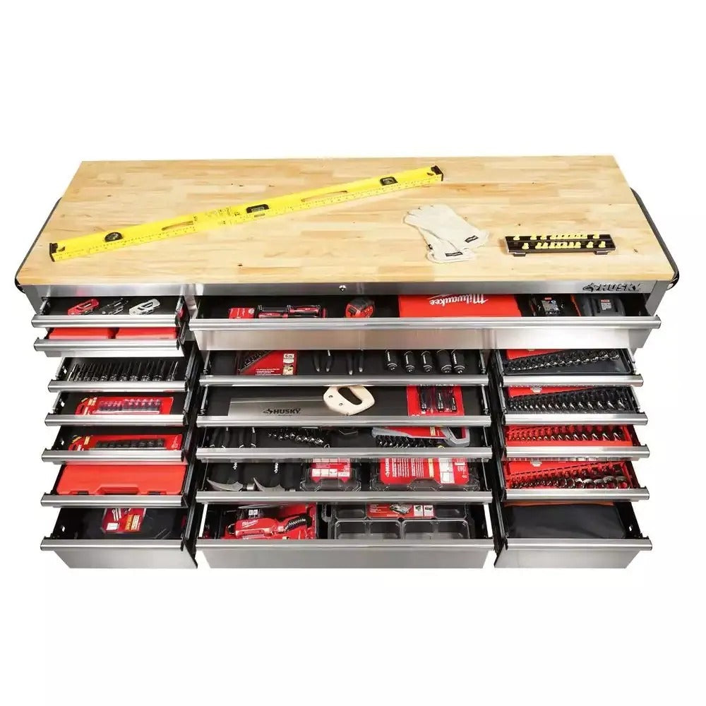 72 in. 18-Drawer 24 in. D Mobile Workbench with Solid Wood Top Stainless Steel