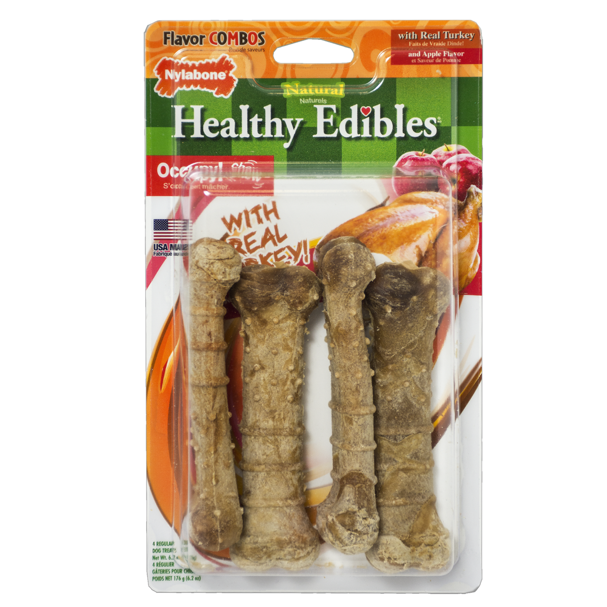 Nylabone Healthy Edibles Turkey  Apple Flavor Combo Regular Dog Bone Chews， 6.2 oz.， Count of 4