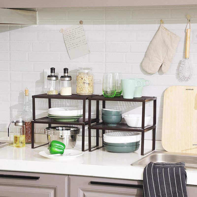 Cabinet Shelf Organizer， Stackable， Expandable， Set of 4 Metal Kitchen Counter Shelves， Brown