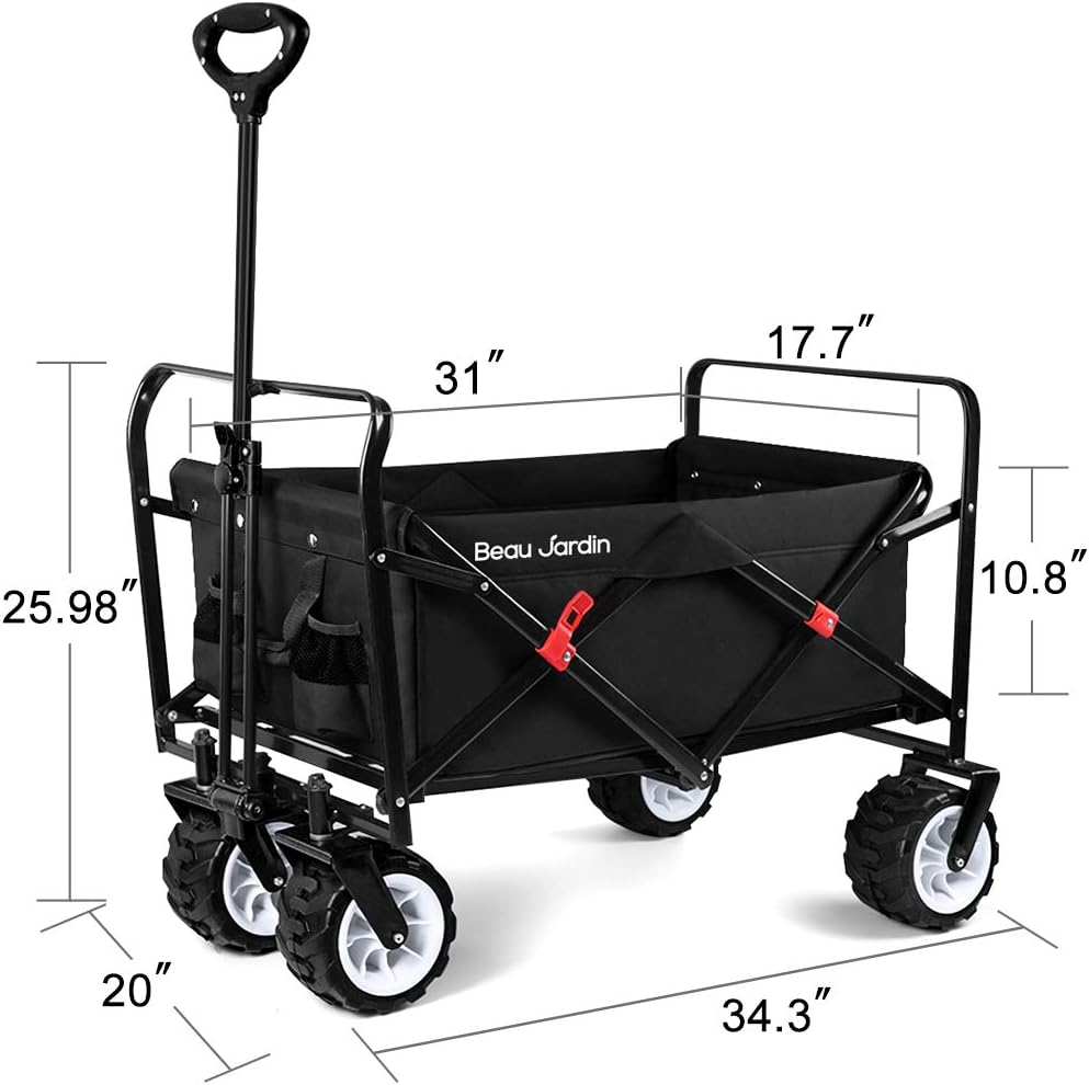 BEAU JARDIN Folding Beach Wagon Cart 300 Pound Capacity Collapsible Utility Camping Grocery Canvas Portable Rolling Outdoor Garden Sport Heavy Duty Shopping Wide All Terrain Wheel Black BG377