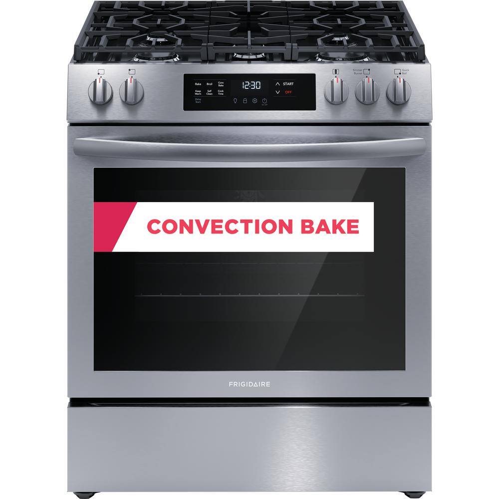 Frigidaire 30 in. 5 Burners Slide-In Front Control Gas Range with Convection in Stainless Steel FCFG3083AS