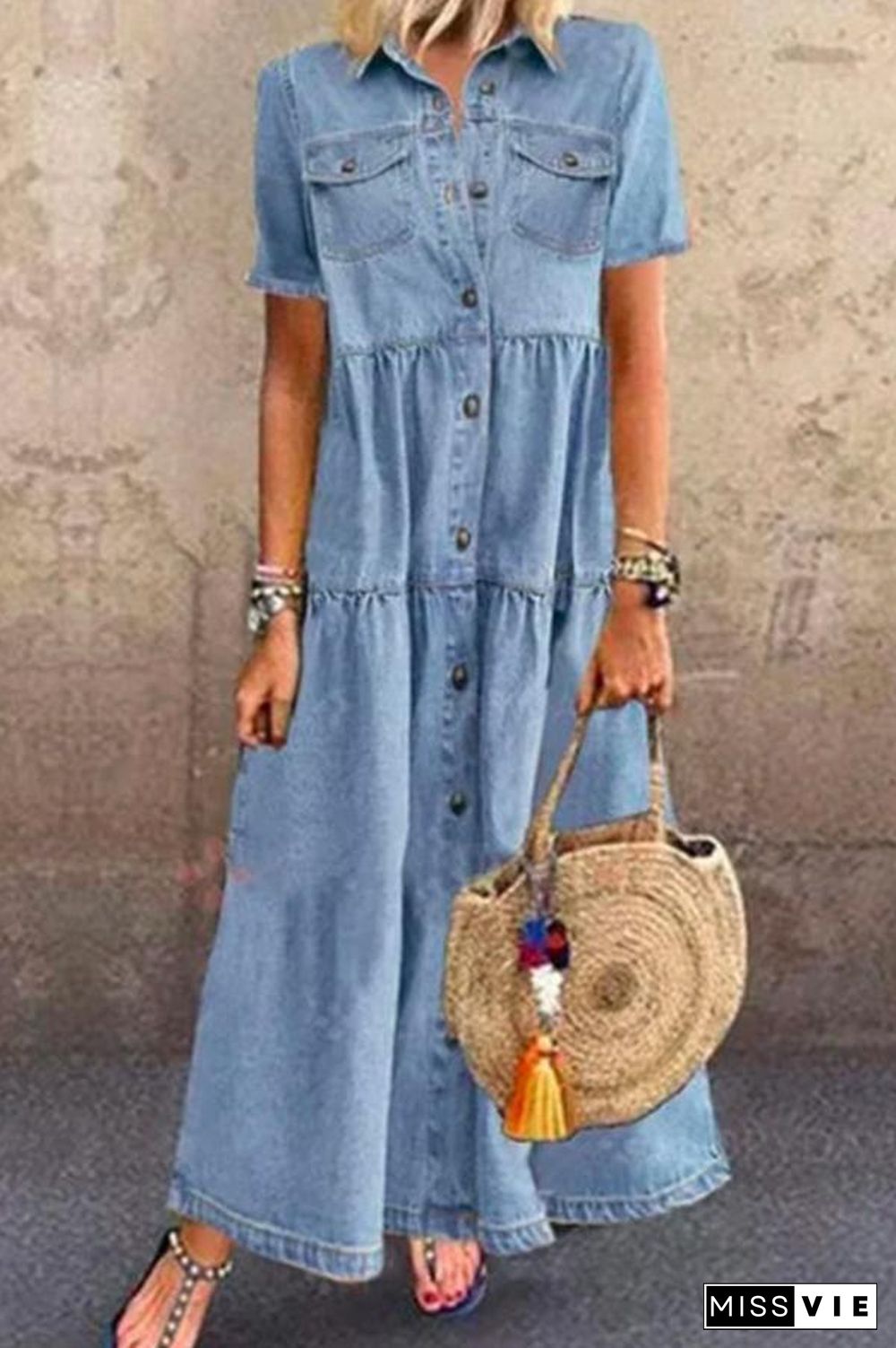 On-trend Denim Long Dress(With Buttons) P13806