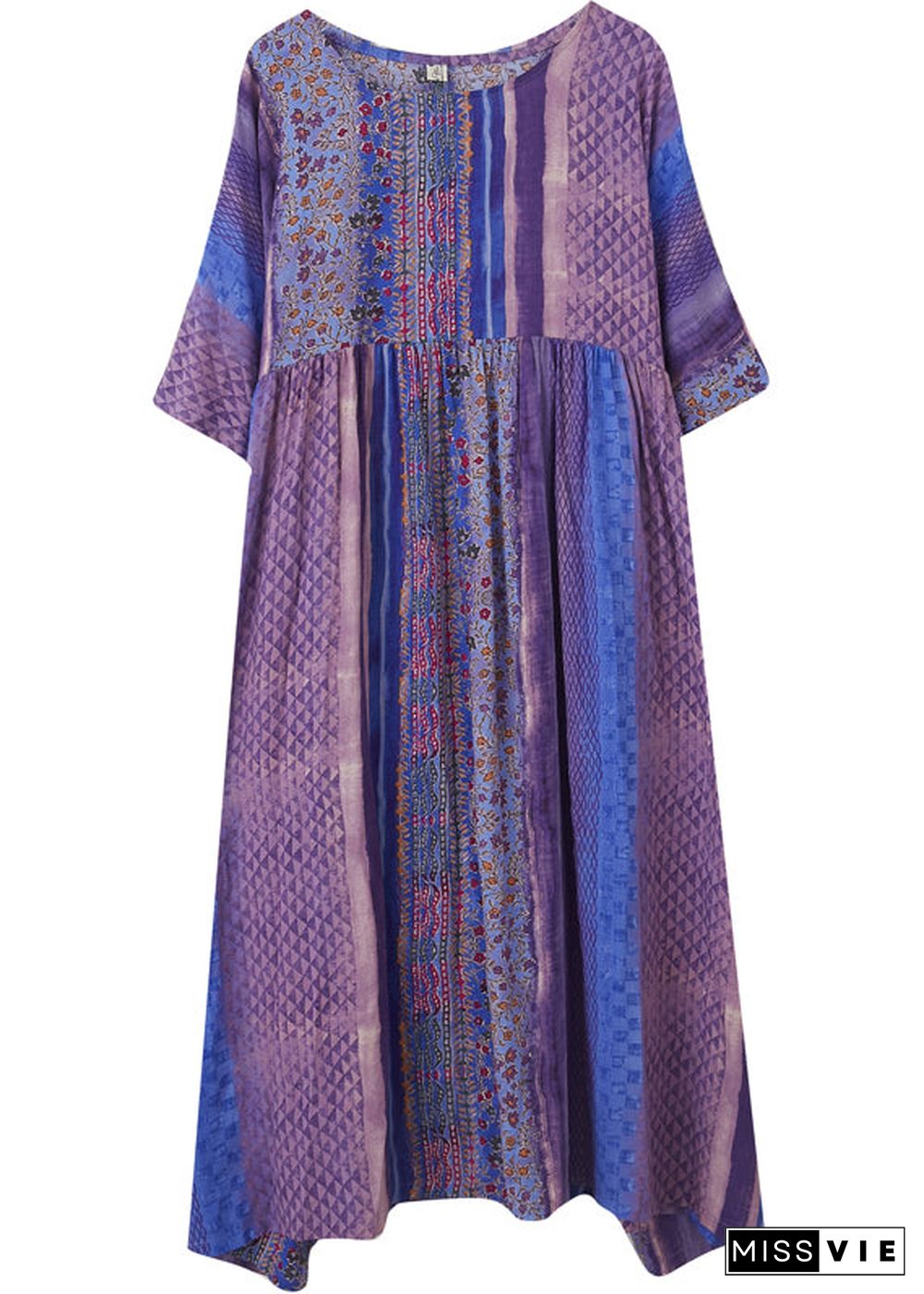 Simple Purple Wrinkled Patchwork Pockets Print Cotton Long Dress Half Sleeve